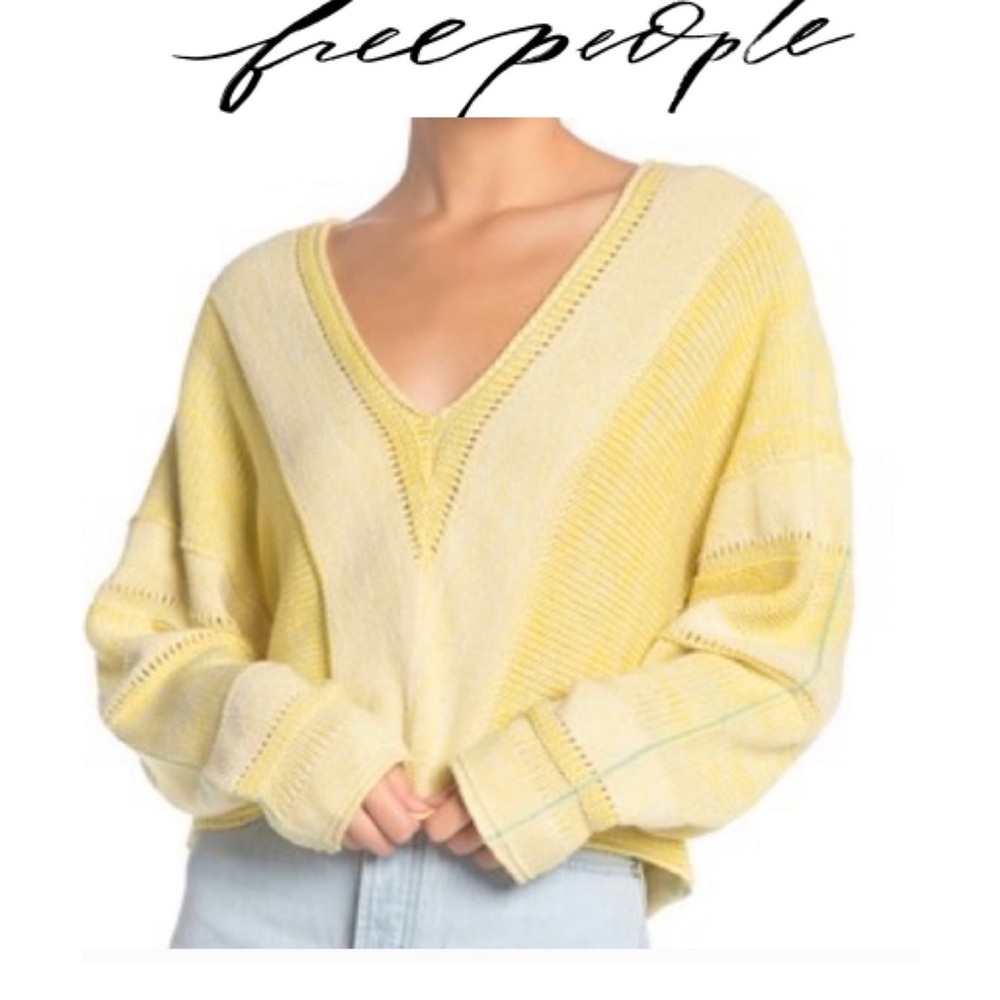 S 🔖 FREE PEOPLE Lemonade Stand Sweater Yellow V-neck Lemonade $128 OB962004 - Picture 2 of 11